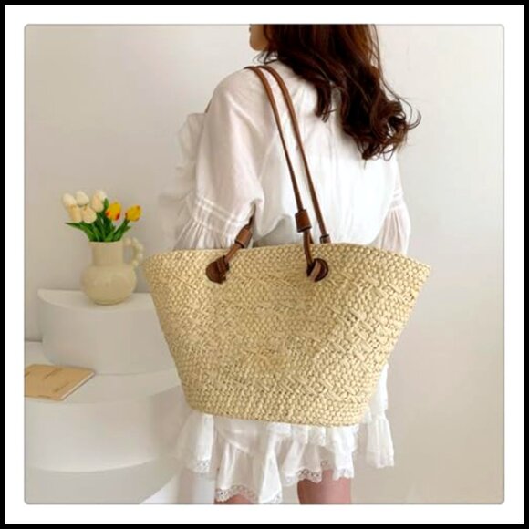 Straw Tote Bag Handmade Woven Beach Shoulder Bag Large Capacity Boho Chic - Picture 2 of 6